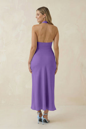 Halter Cut - Out Sheath Satin Midi Bridesmaid Dress in Lilac - KISS BRIDAL Bridesmaid Dresses