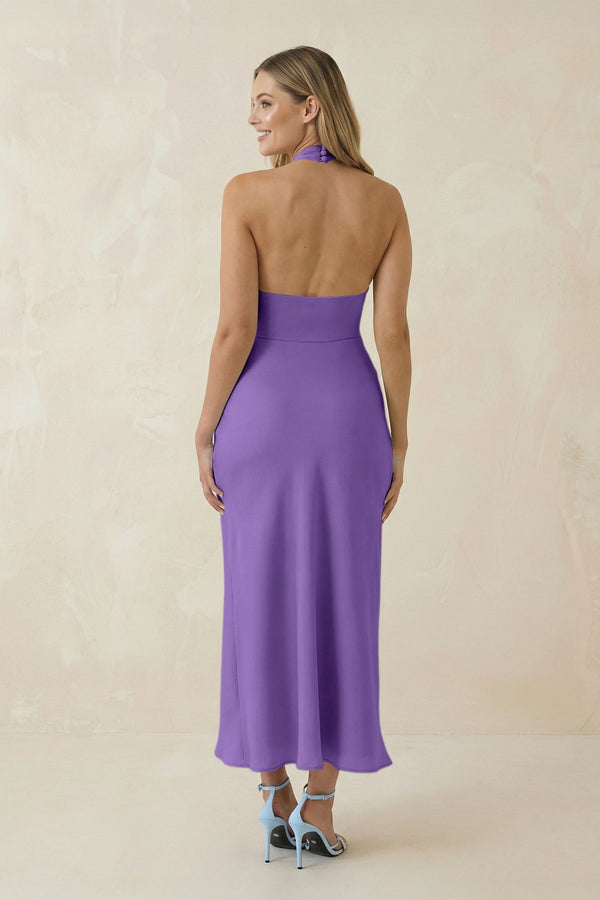 Halter Cut - Out Sheath Satin Midi Bridesmaid Dress in Lilac - KISS BRIDAL Bridesmaid Dresses