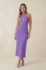 Halter Cut - Out Sheath Satin Midi Bridesmaid Dress in Lilac - KISS BRIDAL Bridesmaid Dresses