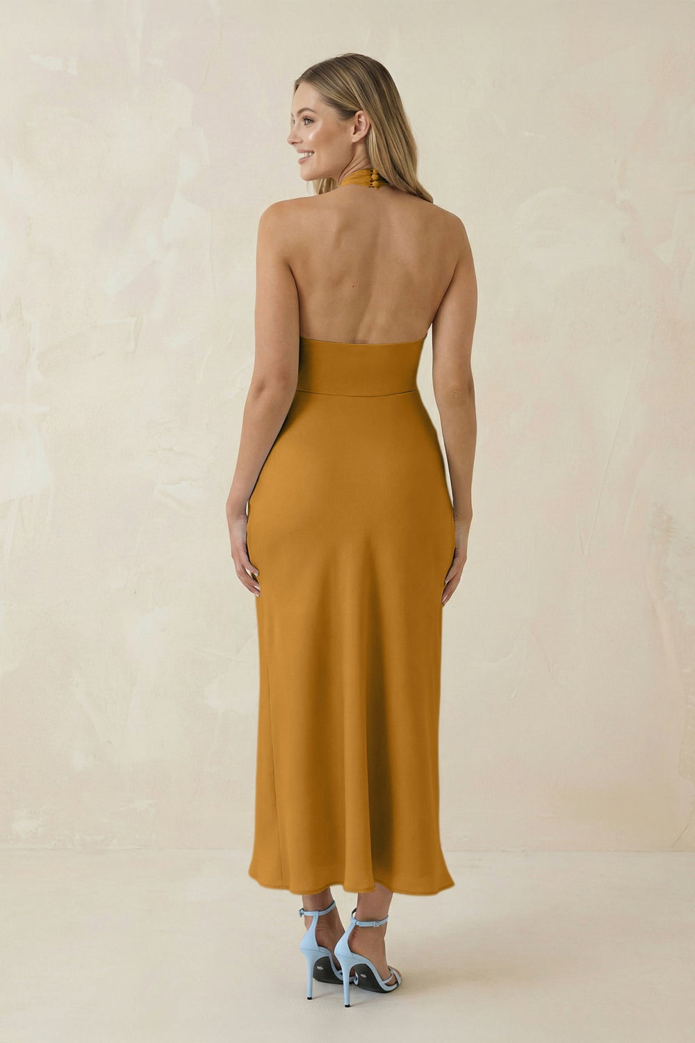 Halter Cut - Out Sheath Satin Midi Bridesmaid Dress in Marigold - KISS BRIDAL Bridesmaid Dresses