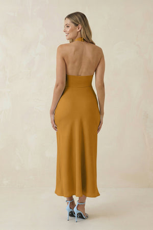 Halter Cut - Out Sheath Satin Midi Bridesmaid Dress in Marigold - KISS BRIDAL Bridesmaid Dresses