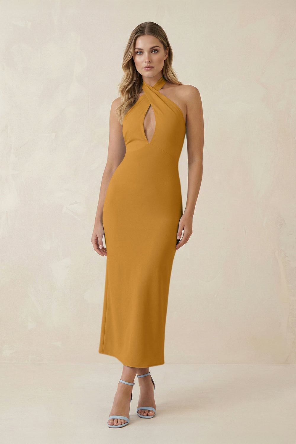 Halter Cut - Out Sheath Satin Midi Bridesmaid Dress in Marigold - KISS BRIDAL Bridesmaid Dresses