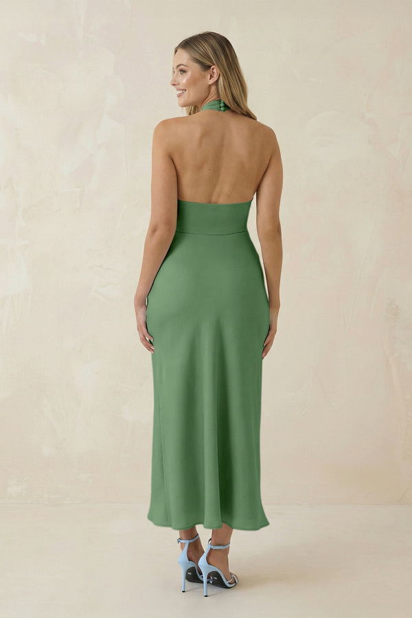 Halter Cut - Out Sheath Satin Midi Bridesmaid Dress in Matcha - KISS BRIDAL Bridesmaid Dresses