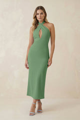 Halter Cut - Out Sheath Satin Midi Bridesmaid Dress in Matcha - KISS BRIDAL Bridesmaid Dresses
