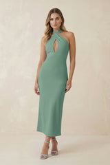 Halter Cut - Out Sheath Satin Midi Bridesmaid Dress in Mint Green - KISS BRIDAL Bridesmaid Dresses