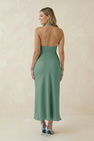 Halter Cut - Out Sheath Satin Midi Bridesmaid Dress in Mint Green - KISS BRIDAL Bridesmaid Dresses