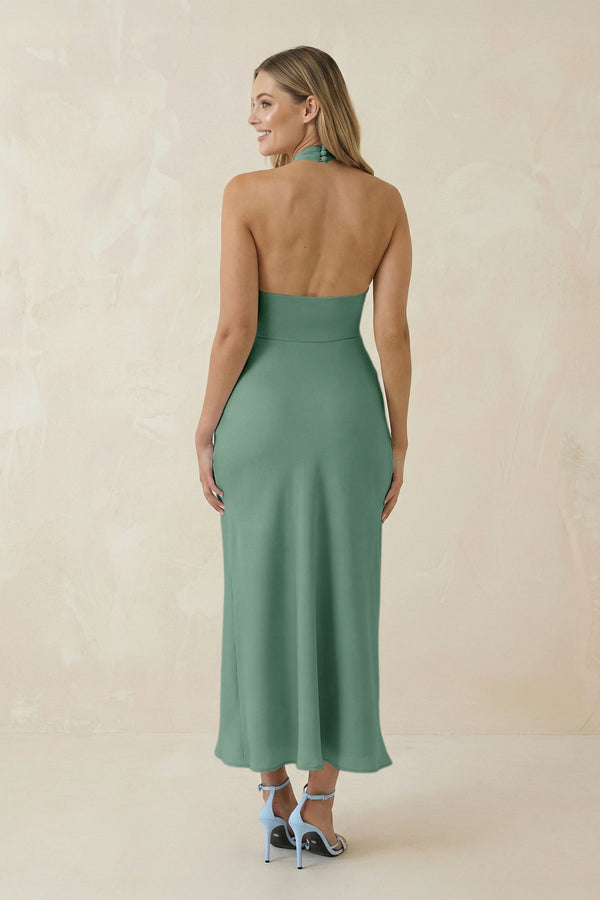 Halter Cut - Out Sheath Satin Midi Bridesmaid Dress in Mint Green - KISS BRIDAL Bridesmaid Dresses