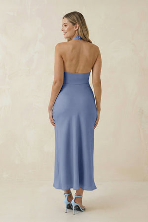 Halter Cut - Out Sheath Satin Midi Bridesmaid Dress in Mist - KISS BRIDAL Bridesmaid Dresses