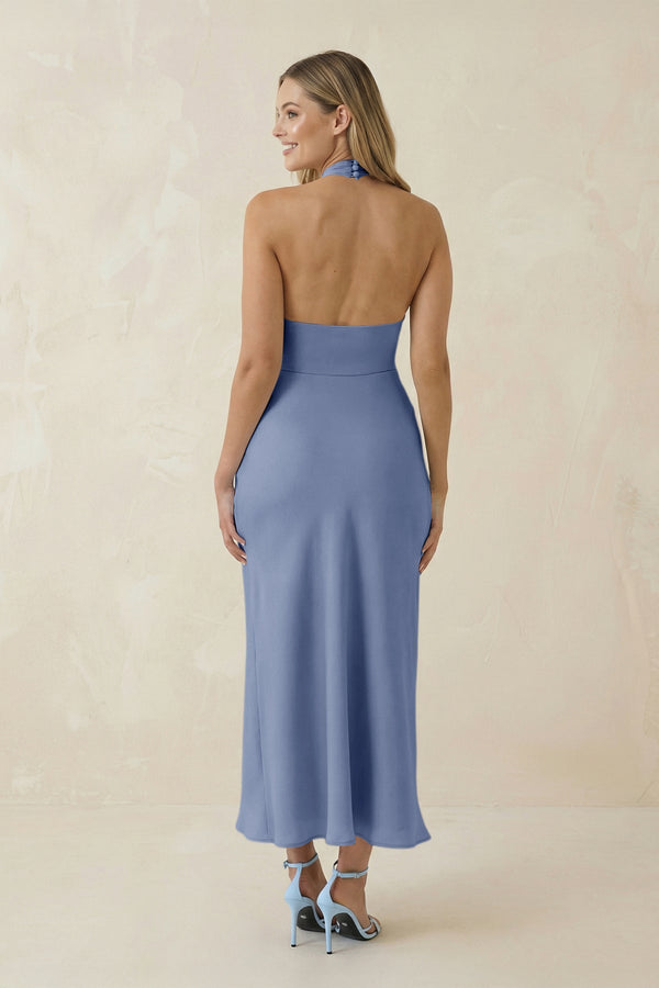 Halter Cut - Out Sheath Satin Midi Bridesmaid Dress in Mist - KISS BRIDAL Bridesmaid Dresses
