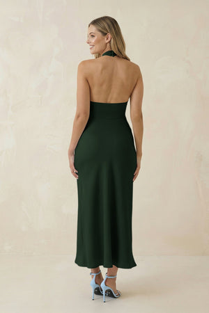 Halter Cut - Out Sheath Satin Midi Bridesmaid Dress in Moss - KISS BRIDAL Bridesmaid Dresses