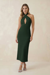 Halter Cut - Out Sheath Satin Midi Bridesmaid Dress in Moss - KISS BRIDAL Bridesmaid Dresses