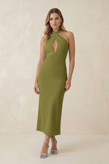Halter Cut - Out Sheath Satin Midi Bridesmaid Dress in Moss Green - KISS BRIDAL Bridesmaid Dresses