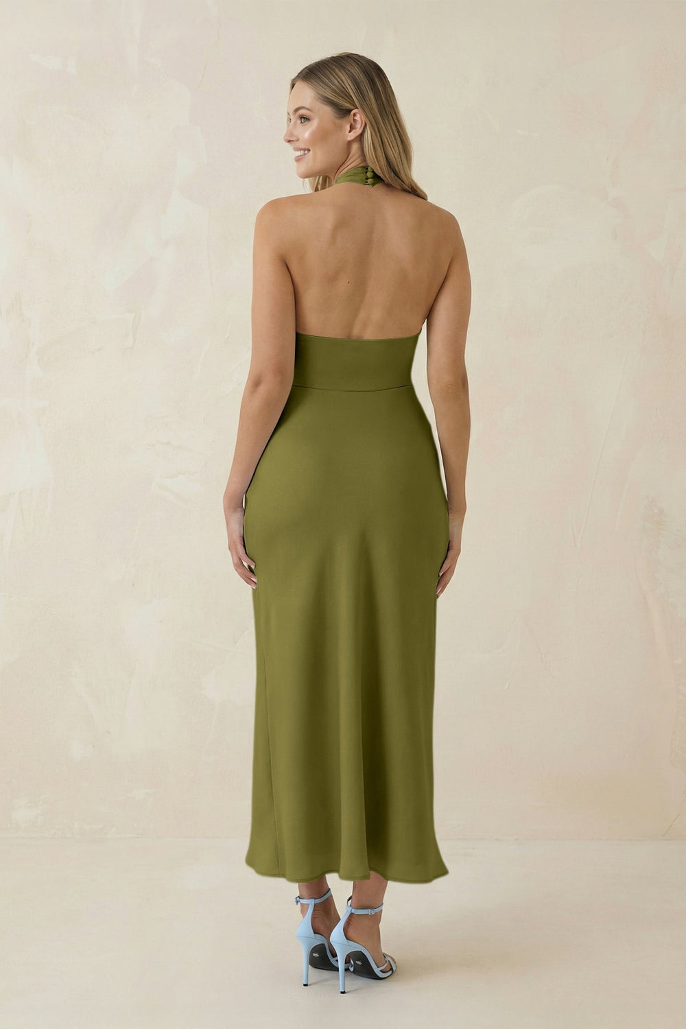 Halter Cut - Out Sheath Satin Midi Bridesmaid Dress in Moss Green - SHE IS ME Bridesmaid Dresses