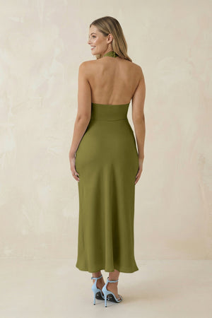 Halter Cut - Out Sheath Satin Midi Bridesmaid Dress in Moss Green - KISS BRIDAL Bridesmaid Dresses