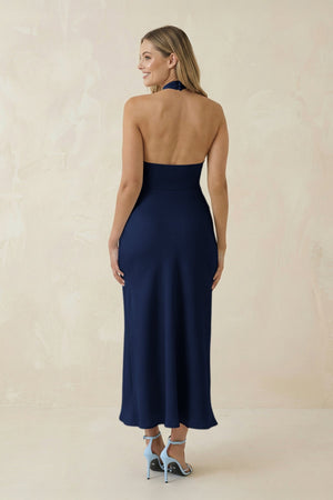 Halter Cut - Out Sheath Satin Midi Bridesmaid Dress in Navy - KISS BRIDAL Bridesmaid Dresses