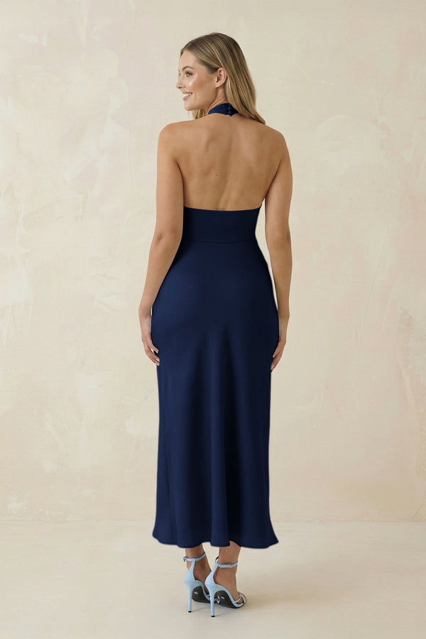 Halter Cut - Out Sheath Satin Midi Bridesmaid Dress in Navy - KISS BRIDAL Bridesmaid Dresses