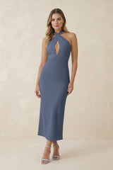 Halter Cut - Out Sheath Satin Midi Bridesmaid Dress in Neptune - KISS BRIDAL Bridesmaid Dresses