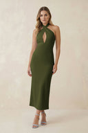Halter Cut - Out Sheath Satin Midi Bridesmaid Dress in Olive - KISS BRIDAL Bridesmaid Dresses