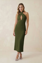 Halter Cut - Out Sheath Satin Midi Bridesmaid Dress in Olive - KISS BRIDAL Bridesmaid Dresses