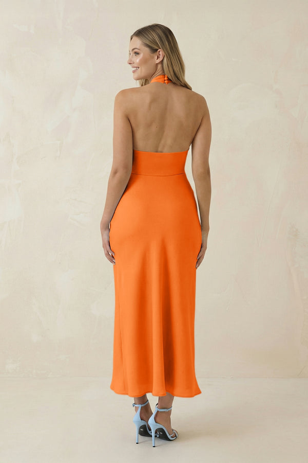 Halter Cut - Out Sheath Satin Midi Bridesmaid Dress in Orange - KISS BRIDAL Bridesmaid Dresses