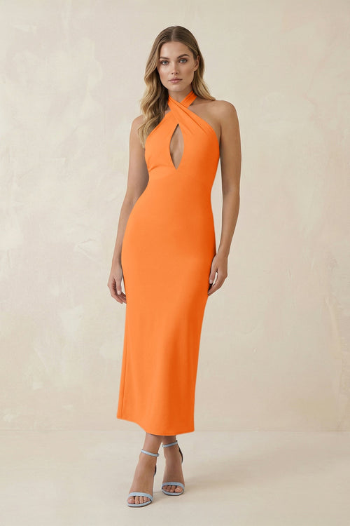 Halter Cut - Out Sheath Satin Midi Bridesmaid Dress in Orange - KISS BRIDAL Bridesmaid Dresses