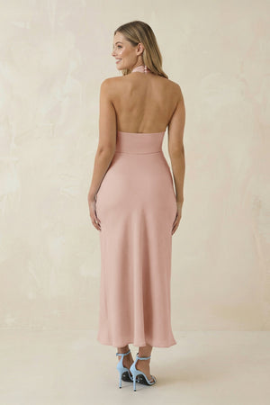 Halter Cut - Out Sheath Satin Midi Bridesmaid Dress in Pale Blush - KISS BRIDAL Bridesmaid Dresses