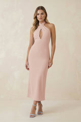 Halter Cut - Out Sheath Satin Midi Bridesmaid Dress in Pale Blush - KISS BRIDAL Bridesmaid Dresses