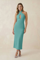 Halter Cut - Out Sheath Satin Midi Bridesmaid Dress in Pale Pistachio - KISS BRIDAL Bridesmaid Dresses