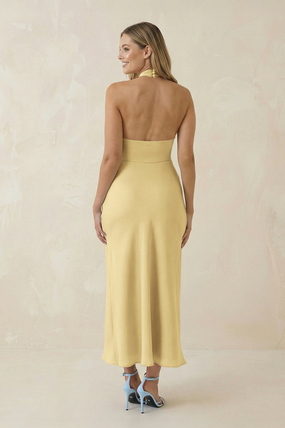 Halter Cut - Out Sheath Satin Midi Bridesmaid Dress in Pastel Yellow - SHE IS ME Bridesmaid Dresses