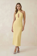 Halter Cut - Out Sheath Satin Midi Bridesmaid Dress in Pastel Yellow - KISS BRIDAL Bridesmaid Dresses