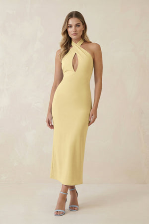 Halter Cut - Out Sheath Satin Midi Bridesmaid Dress in Pastel Yellow - KISS BRIDAL Bridesmaid Dresses