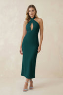 Halter Cut - Out Sheath Satin Midi Bridesmaid Dress in Pine - KISS BRIDAL Bridesmaid Dresses
