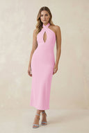 Halter Cut - Out Sheath Satin Midi Bridesmaid Dress in Pink - KISS BRIDAL Bridesmaid Dresses
