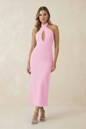 Halter Cut - Out Sheath Satin Midi Bridesmaid Dress in Pink - KISS BRIDAL Bridesmaid Dresses