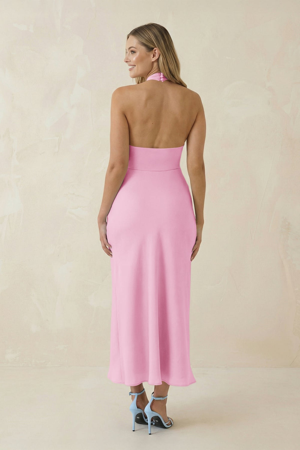 Halter Cut - Out Sheath Satin Midi Bridesmaid Dress in Pink - SHE IS ME Bridesmaid Dresses