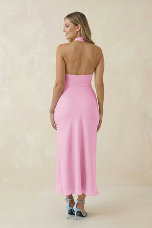 Halter Cut - Out Sheath Satin Midi Bridesmaid Dress in Pink - KISS BRIDAL Bridesmaid Dresses