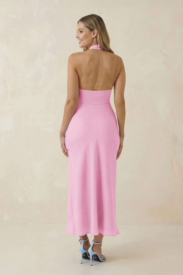Halter Cut - Out Sheath Satin Midi Bridesmaid Dress in Pink - KISS BRIDAL Bridesmaid Dresses
