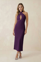 Halter Cut - Out Sheath Satin Midi Bridesmaid Dress in Plum - KISS BRIDAL Bridesmaid Dresses