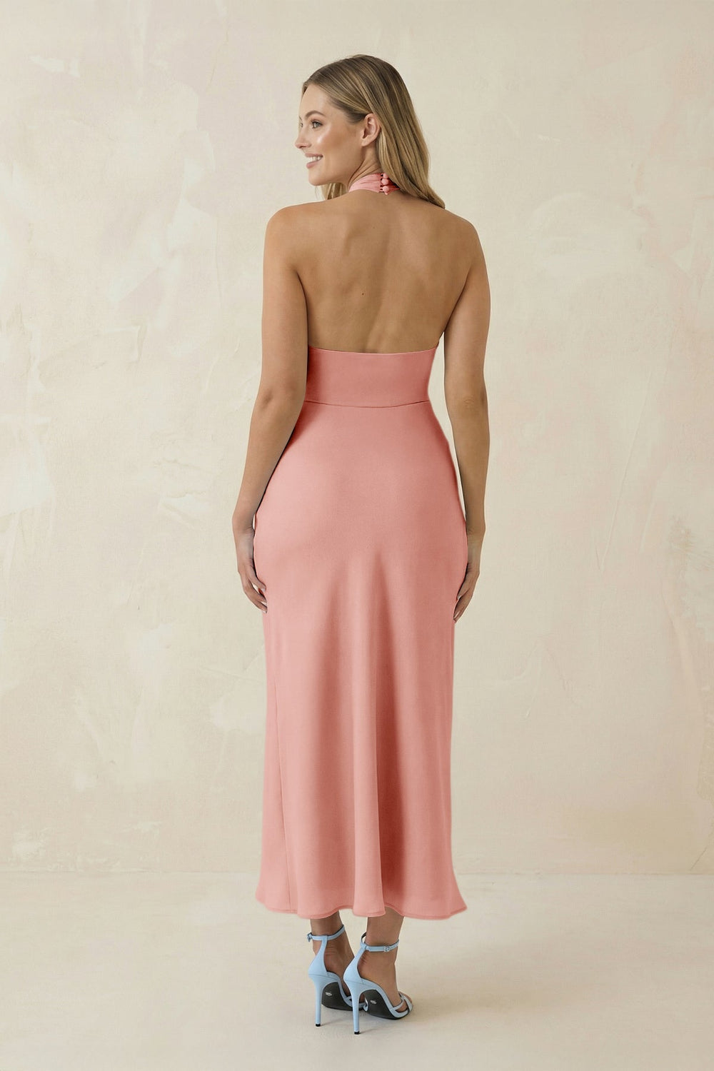 Halter Cut - Out Sheath Satin Midi Bridesmaid Dress in Rose Petal - KISS BRIDAL Bridesmaid Dresses