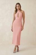 Halter Cut - Out Sheath Satin Midi Bridesmaid Dress in Rose Petal - KISS BRIDAL Bridesmaid Dresses