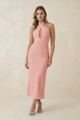 Halter Cut - Out Sheath Satin Midi Bridesmaid Dress in Rose Petal - KISS BRIDAL Bridesmaid Dresses
