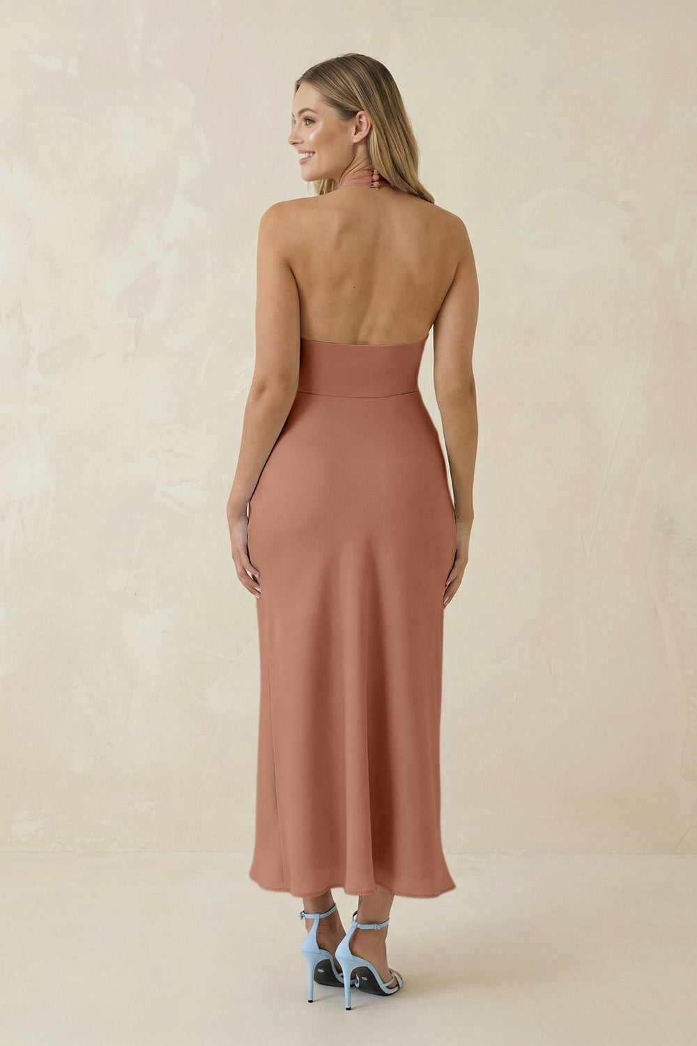 Halter Cut - Out Sheath Satin Midi Bridesmaid Dress in Rosette - KISS BRIDAL Bridesmaid Dresses