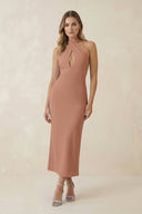 Halter Cut - Out Sheath Satin Midi Bridesmaid Dress in Rosette - KISS BRIDAL Bridesmaid Dresses