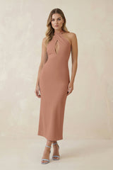 Halter Cut - Out Sheath Satin Midi Bridesmaid Dress in Rosette - KISS BRIDAL Bridesmaid Dresses