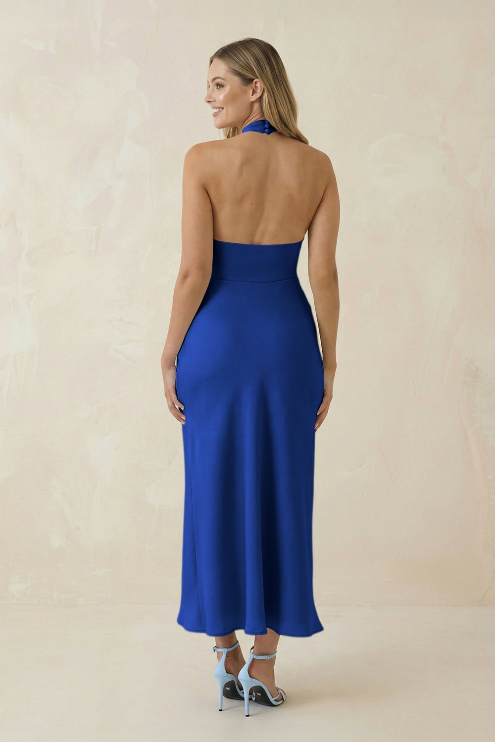 Halter Cut - Out Sheath Satin Midi Bridesmaid Dress in Royal Blue - SHE IS ME Bridesmaid Dresses