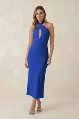 Halter Cut - Out Sheath Satin Midi Bridesmaid Dress in Royal Blue - KISS BRIDAL Bridesmaid Dresses