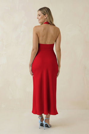 Halter Cut - Out Sheath Satin Midi Bridesmaid Dress in Ruby Red - KISS BRIDAL Bridesmaid Dresses