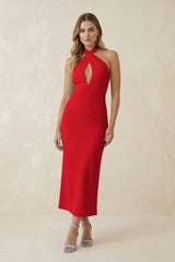 Halter Cut - Out Sheath Satin Midi Bridesmaid Dress in Ruby Red - KISS BRIDAL Bridesmaid Dresses