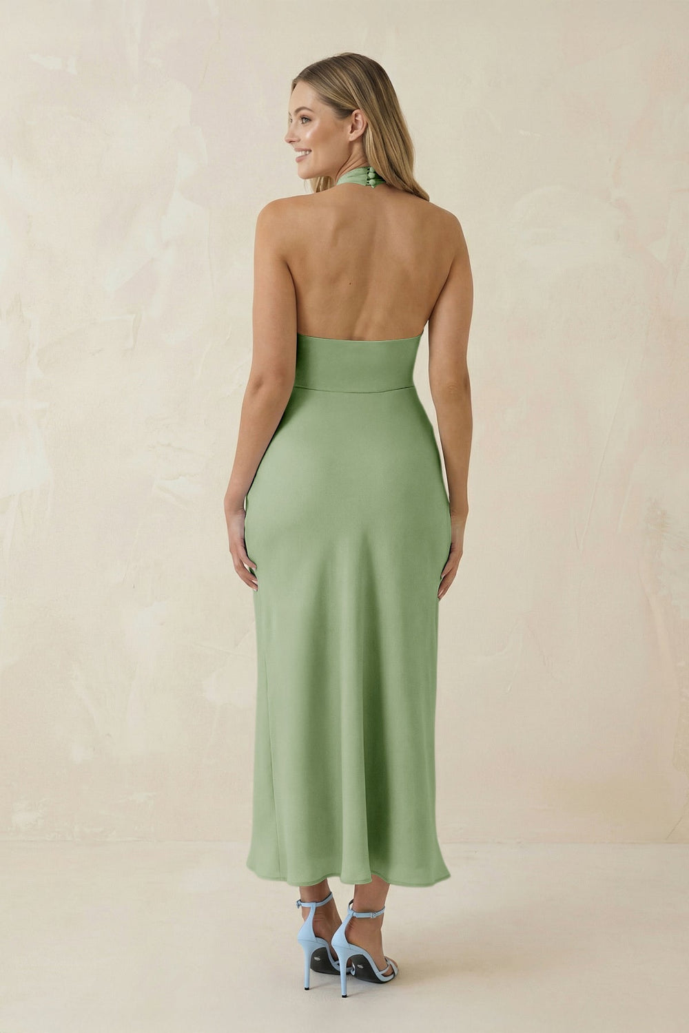 Halter Cut - Out Sheath Satin Midi Bridesmaid Dress in Sage - KISS BRIDAL Bridesmaid Dresses