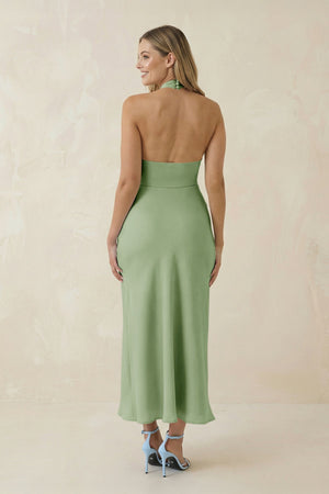 Halter Cut - Out Sheath Satin Midi Bridesmaid Dress in Sage - KISS BRIDAL Bridesmaid Dresses